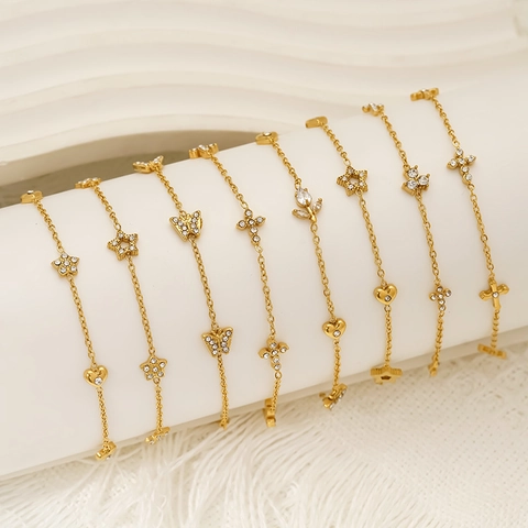 Pulsera Acero Inoxidable 304 Chapada Oro 18K Mujer Impermeable Hipoalergénica Zircón Mariposa Corazón Joyas