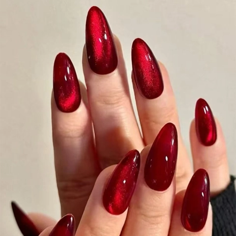 Uñas Postizas Press On Elegantes Rojo Profundo Efecto Ojo De Gato Magnético Forma Almendra Brillante Largo Plástico ABS Removible