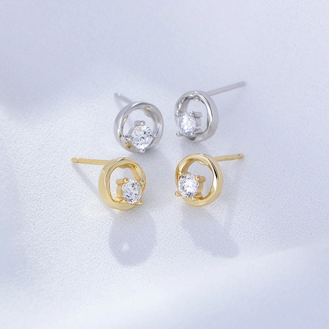 Orecchini a Bottone in Argento Sterling 925 con Zirconia per Donna Design Geometrico Tondo Vuoto Placcato Oro Argento Gioielli Eleganti