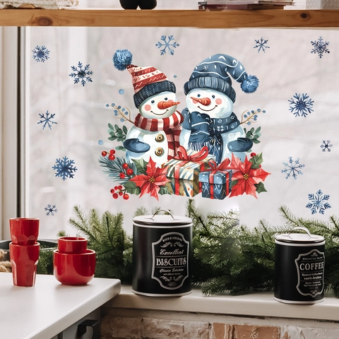 Weihnachten Fensteraufkleber Schneemann Schneeflocke Statisch Haftend PVC Wiederverwendbar Feiertag Glasdekor