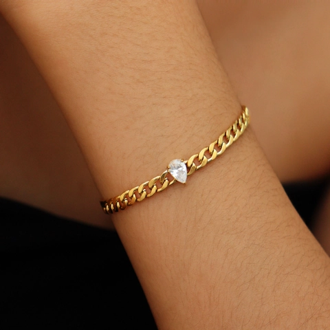 Bracciale a Catena Cubana in Acciaio al Titanio Placcato Oro Hip Hop Con Pietra Lucida in Zirconia a Cuore Per Gioielli Moda Unisex