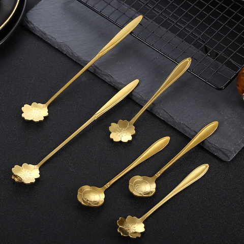 Cucchiaio In Acciaio Inossidabile A Forma Di Fiore Dorato Design Ciliegio Rosa Manico Lungo Caffè Dessert Agitazione Tavola Elegante Regalo