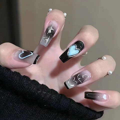 Schwarz Grau Verlauf Press On Nails Lange Ballerina Sargform Herz Stern Muster Künstliche Fingernägel Für Frauen