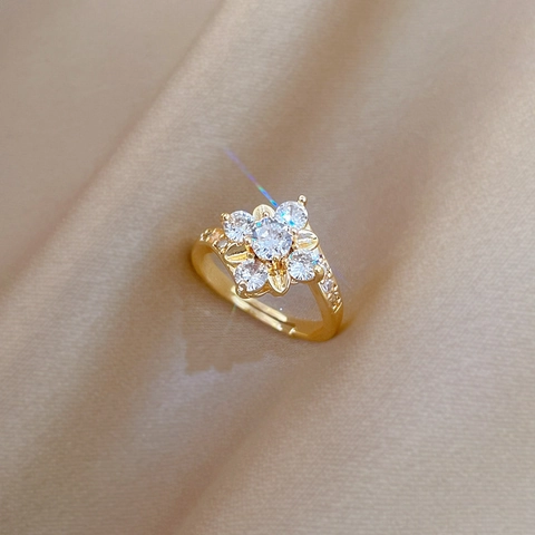 Anello Aperto Regolabile In Ottone Con Fiore Di Zircone Placcato Oro Gioielli Di Lusso Romantici