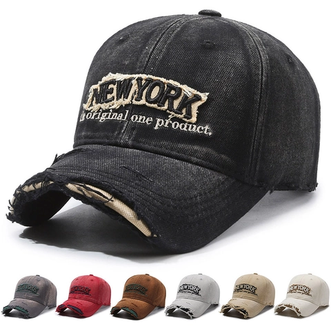 Distressed Cotton Baseball Cap Vintage Ripped Denim Sun Hat Embroidered New York Letter Adjustable Outdoor Unisex