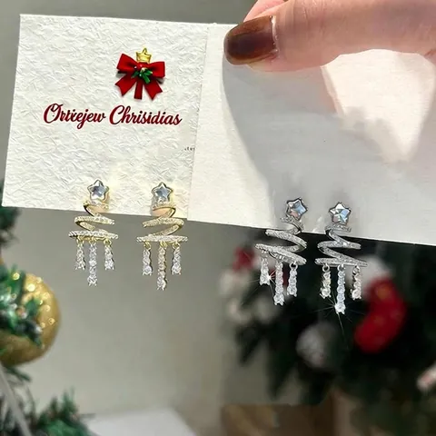 Christmas Tree Spiral Tassel Earrings Alloy Rhinestone With Silver Earring Post Star Dangle Elegant Festive Jewelry Women