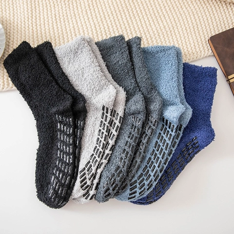 Men Thickened Warm Coral Fleece Floor Socks Soft Fuzzy Fabric With Non Slip Grips Solid Color Home Sleeping Mid Tube Socks