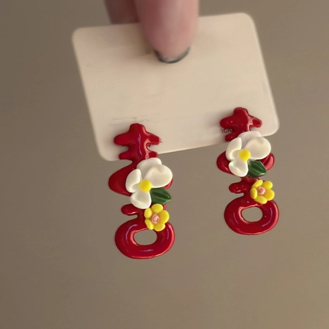 Red Double Happiness Character Stud Earrings With 925 Sterling Silver Earring Post Sweet Resin Flower Chinese Style Jewelry