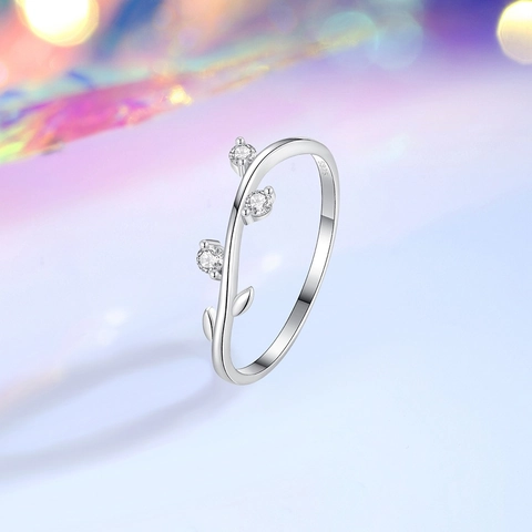 Anello a Foglia Impilabile in Argento Sterling S925 per Donna Stile Naturale Placcato Oro Bianco Strass Gioielli