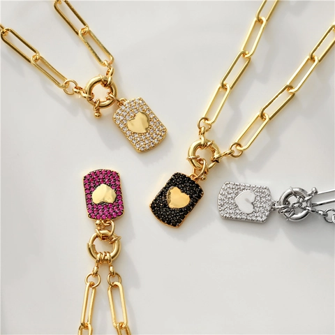 Brass AAA Zircon Necklace With Paperclip Chain Heart Star Rectangular Plate Pendant Gold Plated Jewelry For Women