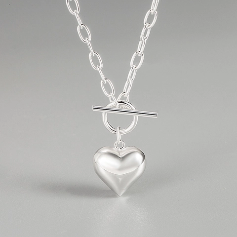 Collana con Ciondolo a Cuore in Argento Sterling 925 Minimalista Chiusura a T Fibbia OT Catena Grossa Collane per Donna Gioielli Eleganti Regalo
