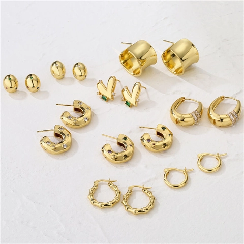 Elegant Copper Micro Inlaid Rhinestone Stud Earrings For Women Polished Geometric Oval Heart C Shaped Hoop Fashion Jewelry