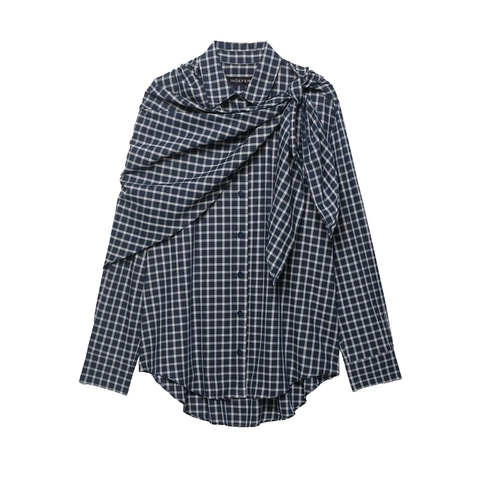 Women Plaid Blouse Shirt Long Sleeve Polyester Checked Asymmetrical Cape Overlay Button Down Chic Elegant Top