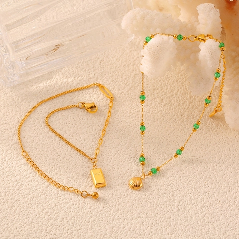 Tobillera Colgante Concha Rectángulo Acero Titanio Chapado En Oro Cuentas Verdes Estilo Francés Joyería De Pies Para Mujer