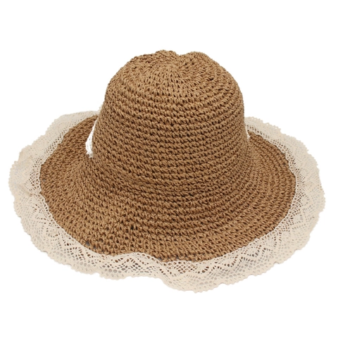 Women Wide Brim Straw Sun Hat With Lace Trim Foldable Windproof Lanyard Elegant Summer Beach Holiday Accessory
