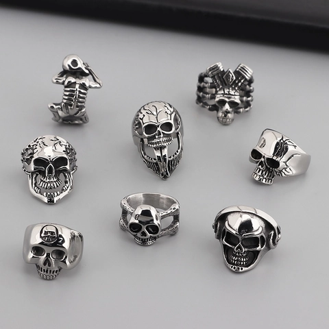 Schedel Ring Voor Heren Roestvrij Staal Gothic Punk Koptelefoon Skelet Biker Vintage 3D Gesneden Sieraden Stoer Accessoire