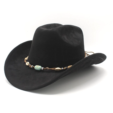 Western Cowboy Hat Suede Ethnic Beaded Band Shell Turquoise Bohemian Retro Wide Brim Sun Protection Jazz Fedora