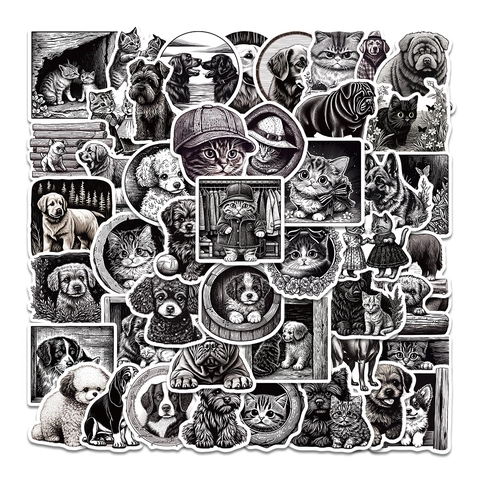 Zwart-Wit Dierenstickers Waterdicht PVC Huisdier Kat Hond Schets Decals Voor Laptop Koffer Telefoonhoesje Scrapbooking Decoratie