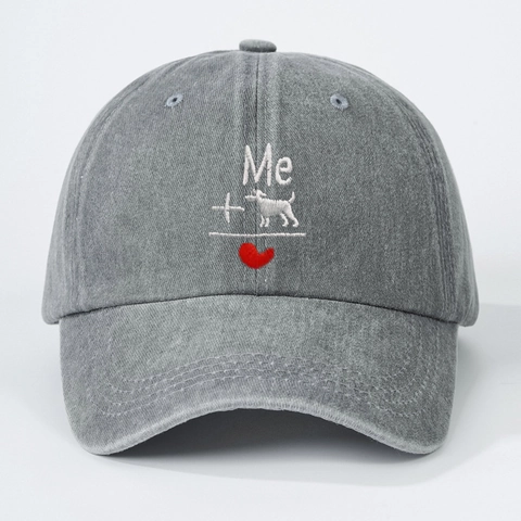 Washed Cotton Baseball Cap With Dog Heart Embroidery Vintage Adjustable Dad Hat For Outdoor Sun Protection Casual Style