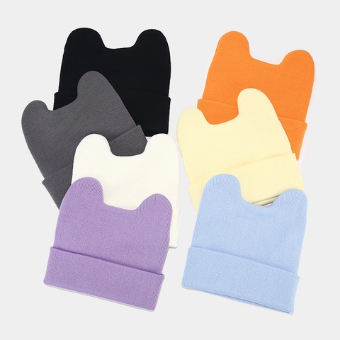 Knitted Beanie Hat With Cute Animal Ears Acrylic Winter Warm Cuffed Skull Cap For Women Kawaii Solid Color Outdoor
