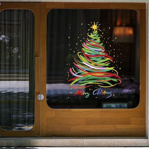 Christmas Window Stickers PVC Static Cling Double Sided Colorful Artistic Christmas Tree Merry Christmas Glass Door Decor
