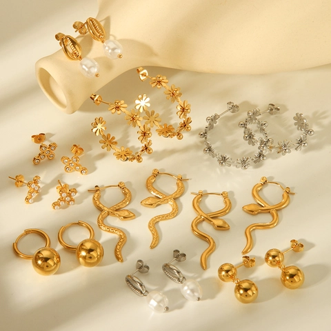 Stainless Steel Earrings For Women Gold Plated Geometric Snake Cross Artificial Pearl Stud Hoop Jewelry Non Fading Hypoallergenic