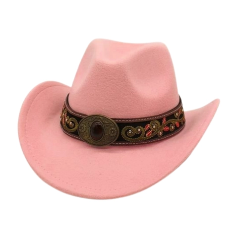 Cappello Da Cowboy Occidentale Fedora In Feltro A Tesa Larga Retrò Fascia Ricamata Etnica Fibbia Con Gemma Boho