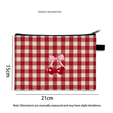 Gingham Plaid Makeup Bag Water Resistant Polyester Travel Toiletry Pouch Fruit Print Zipper Storage For Women