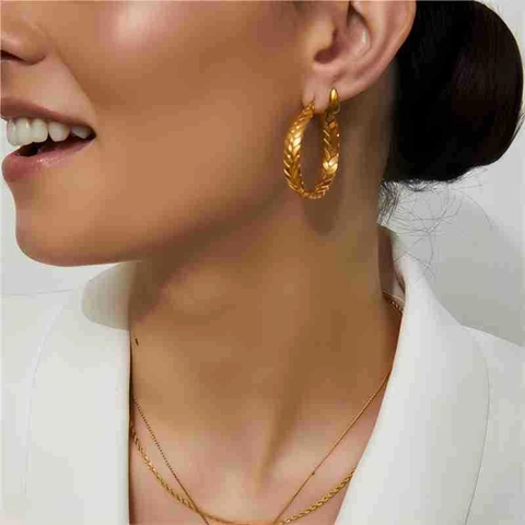 Hoop Ohrringe Edelstahl 18K Vergoldet Geflochtenes Weizenmuster Leichter Luxus Modeschmuck Für Damen