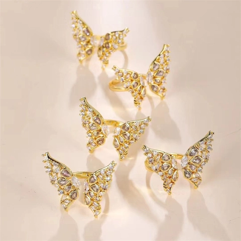 Vlinder Open Ring Verguld Koper Micro-Ingelegd Zirkoon Verstelbare Mode-Sieraden Voor Vrouwen Eenvoudige Elegante Stijl