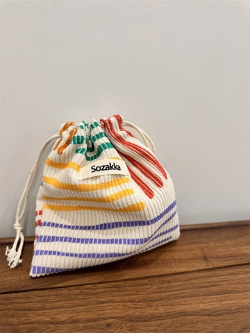 Borsa Coulisse In Velluto A Coste Piccola Borsa Portaoggetti Strisce Colorate Organizzatore Viaggio Trucco