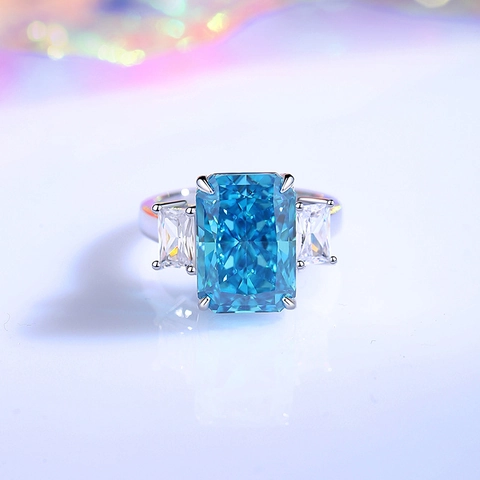 Lussuoso Anello in Argento Sterling 925 Zirconia per Donna Taglio Smeraldo Verde Blu Mare Geometrico Gioielli di Moda Anello di Fidanzamento