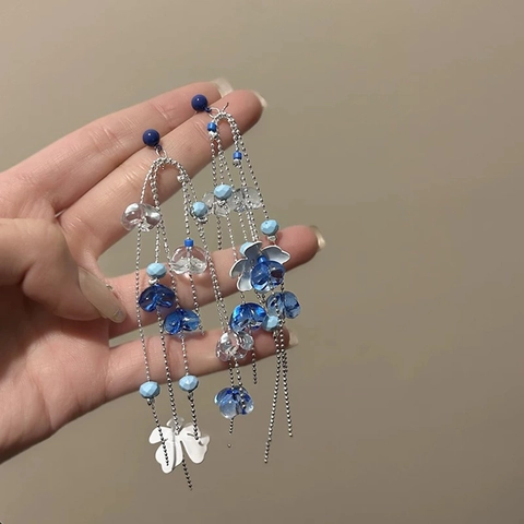 Σκουλαρίκια Mori Style Sweet Glass Bead Flower Tassel Drop για Γυναίκες Ασημένια Καρφίτσα Μπλε Λευκό Ανθικό Μακριά Αλυσίδα