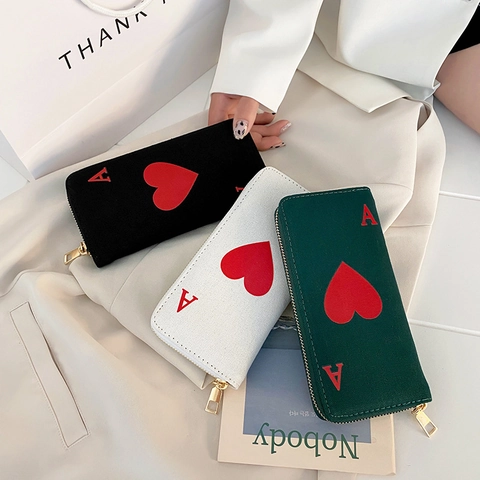 Damen Langes Reißverschluss Portemonnaie Leinwand PU Herz Ass Poker Chic Clutch Handtasche Große Kapazität Kartenhalter