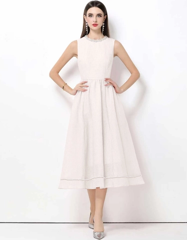 Elegant French Retro Sleeveless Midi Dress Artificial Pearl Beaded Jacquard Knit High Waist A-Line Big Swing Skirt Apricot