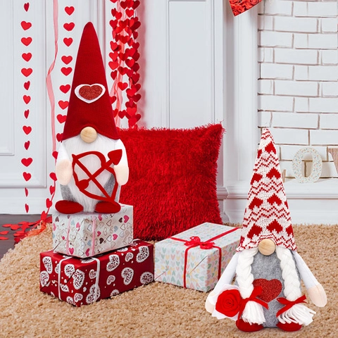 Valentine Gnome Plush Doll Handmade Fabric Knit Nordic Faceless Old Man Heart Bow Rose Home Decor Desktop Ornament Romantic Gift