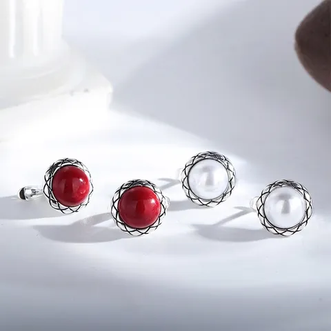 Orecchini a Bottone Vintage in Argento Sterling 925 per Donna Eleganti a Rete con Perla Artificiale Rossa Gioielli Retro
