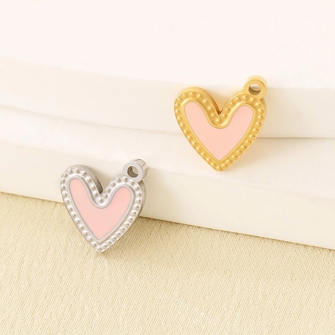 Breloques Coeur Acier Inoxydable Émail Rose Pendentifs Avec Bord Perlé Pour Fabrication De Bijoux DIY Accessoires Bracelet Collier