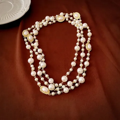 Vintage French Multilayer Artificial Pearl Necklace Alloy Oval Rhinestone Accents Long Sweater Chain Elegant Jewelry For Women