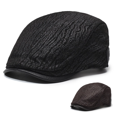 Retro Heren Flat Cap PU Leren Rand Getextureerde Pet Verstelbare Herfst Winter Warme Newsboy Hoed