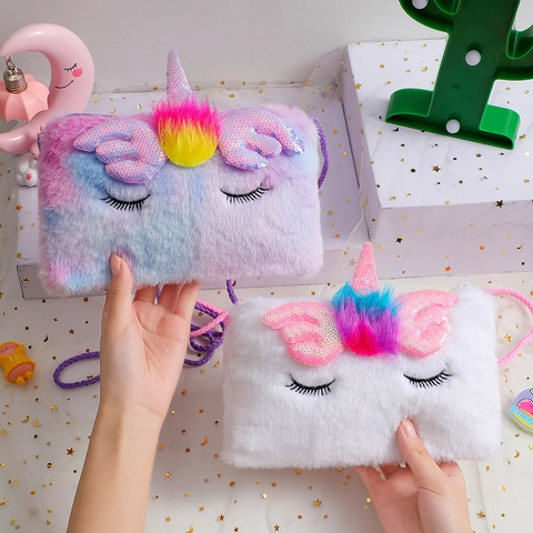 Plush Unicorn Crossbody Bag For Kids Girls With Sequin Wings Horn Faux Fur Small Square Shoulder Purse Soft Zipper Pouch