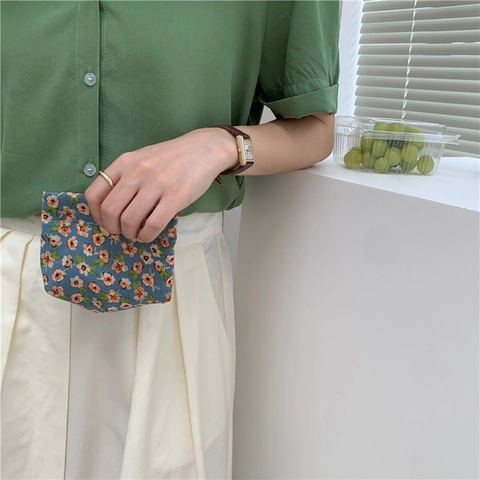 Floral Print Mini Coin Purse Cotton Canvas Portable Storage Bag Shrapnel Opening Vintage Aesthetic For Women