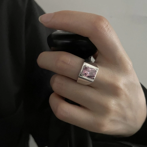 Wide Band Adjustable Open Ring Copper With Rectangle Pink Zircon Ins Style Elegant Jewelry For Women