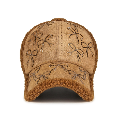 Casquette De Baseball D'Hiver Pour Femmes Décor Nœud Strass Patchwork Sherpa Daim Chapeau Réglable Chaud Coupe-Vent Extérieur