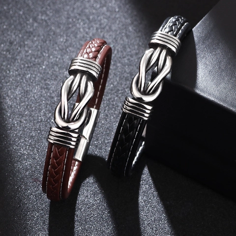 Men's Braided Leather Bracelet With Stainless Steel Infinite Knot Magnetic Clasp Punk Vintage Style Accessory Gift