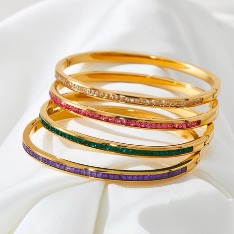 French Style Stainless Steel Bangle Bracelet Colorful Rectangular Cubic Zirconia Hinge Clasp Non-Fading Jewelry For Women