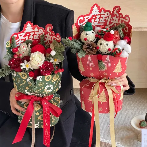 Christmas Bouquet Wrapping Paper Sleeves Cardboard Felt Ornaments Natural Pine Cones DIY Holiday Party Decor Accessories