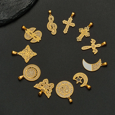 Collana Con Pendente In Acciaio Inossidabile Vintage Placcata Oro 18K Con Strass Hip Hop Croce Farfalla Luna Gioielli Per Uomo Donna