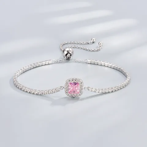 925 Sterling Silver Zirconia Square Pink White Stone Adjustable Bracelet Necklace Earrings Ring For Women Elegant Jewelry
