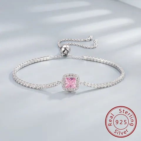 925 Sterling Silver Zirconia Square Pink White Stone Adjustable Bracelet Necklace Earrings Ring For Women Elegant Jewelry